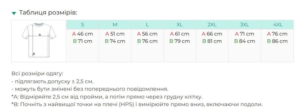 Нанесення логотипу на футболку Gildan Premium Cotton GI4100 — таблиця розмірів S-4XL