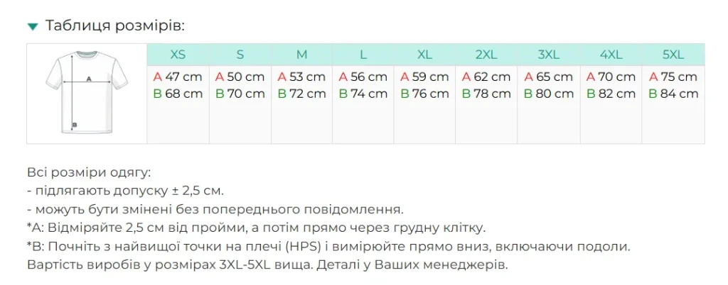 Нанесення логотипу на футболку Stedman Lux ST7000 — таблиця розмірів XS-5XL