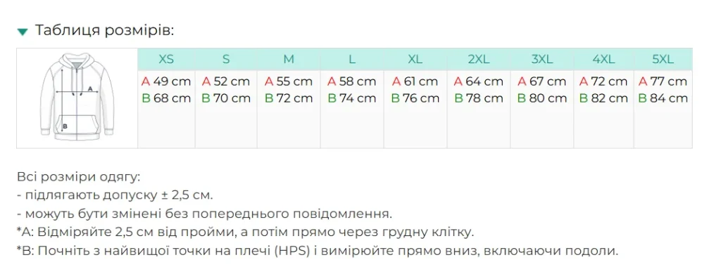 Худі на замок на замовлення Stedman Classic Zip ST4500 — таблиця розмірів XS-5XL