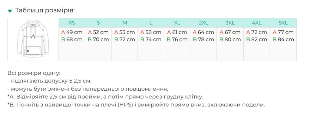 Худі з логотипом на замовлення Stedman Classic ST4400 — таблиця розмірів XS-5XL