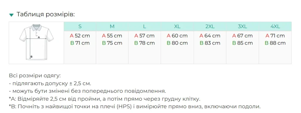 Таблиця розмірів поло Gildan Softstyle GI64800 — розмір S-4XL