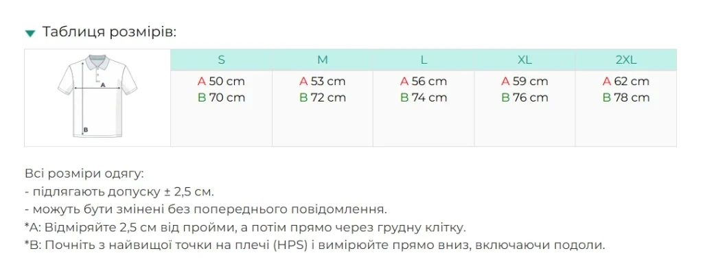 Таблиця розмірів поло Stedman Active ST8450 — розмір S-2XL