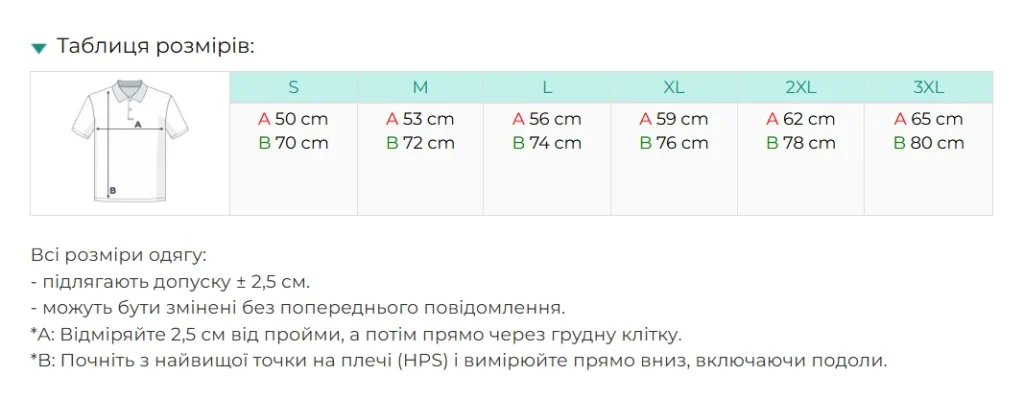 Таблиця розмірів поло Stedman Lux ST9060 — розмір S-3XL