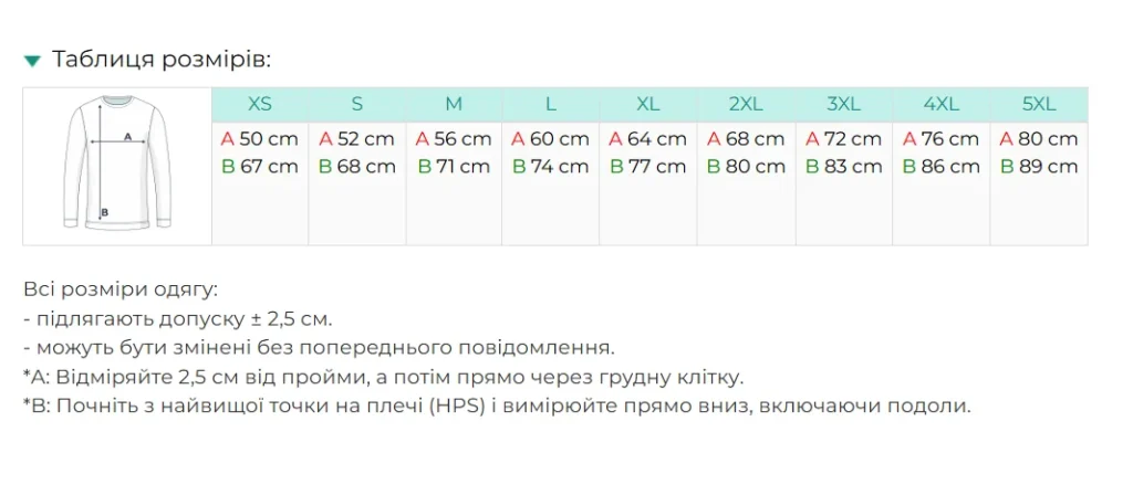 Таблиця розмірів світшота AWDIS Sweat AWJH030 — розмір XS-5XL